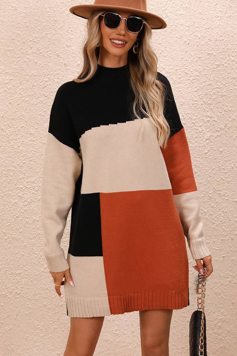 CWDSD6486_COLOR-MATCHING LONG-SLEEVED SWEATER DRESS