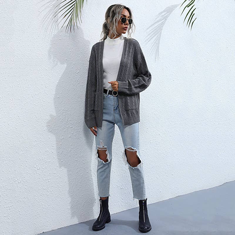 SOLID COLOR TWIST LOOSE UNBUTTONED KNIT CARDIGAN