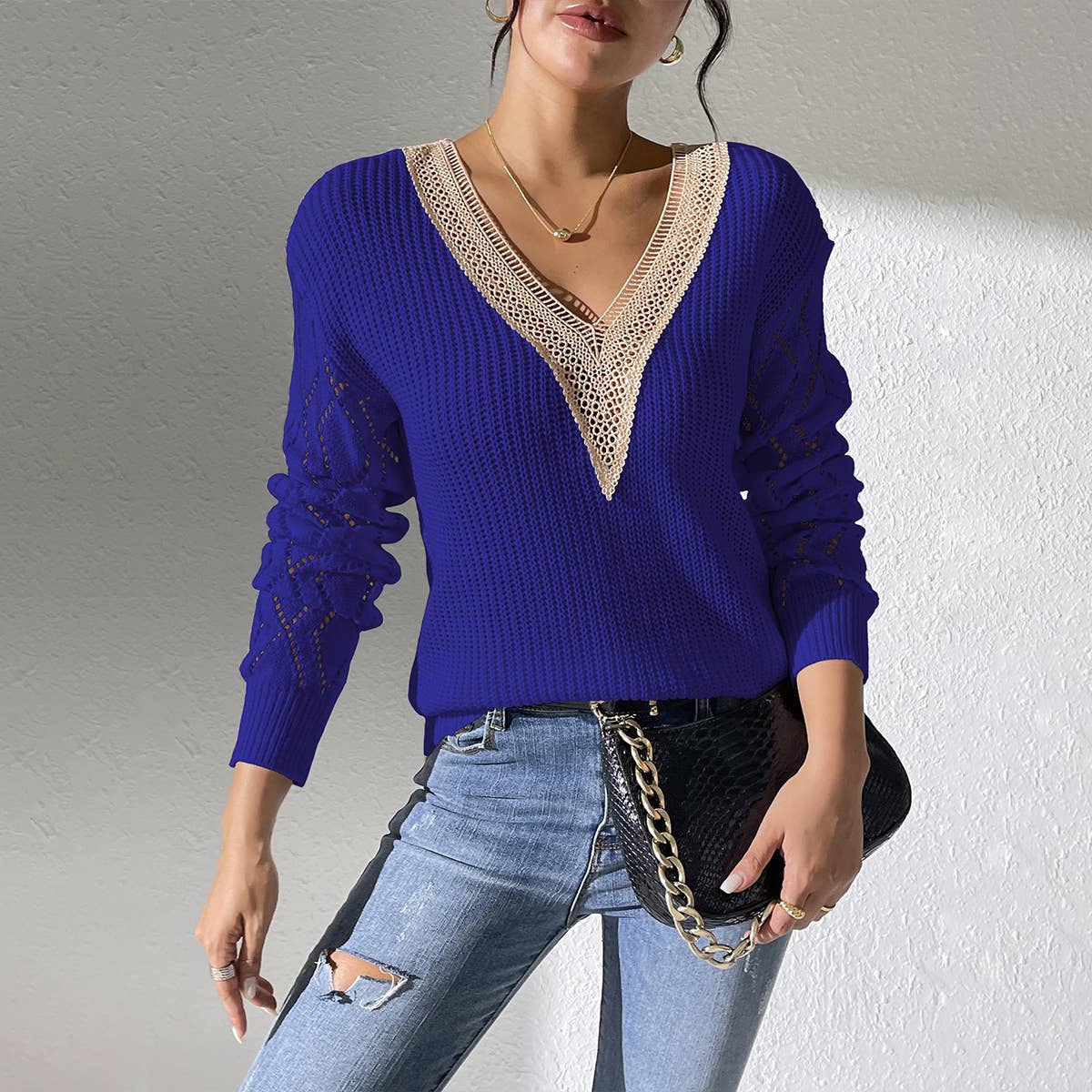 LACE V-NECK PATCHWORK COLOR PULLOVER SWEATER