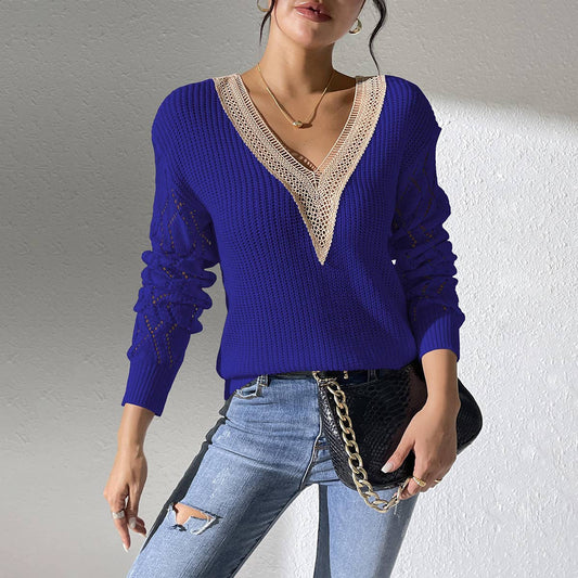 LACE V-NECK PATCHWORK COLOR PULLOVER SWEATER