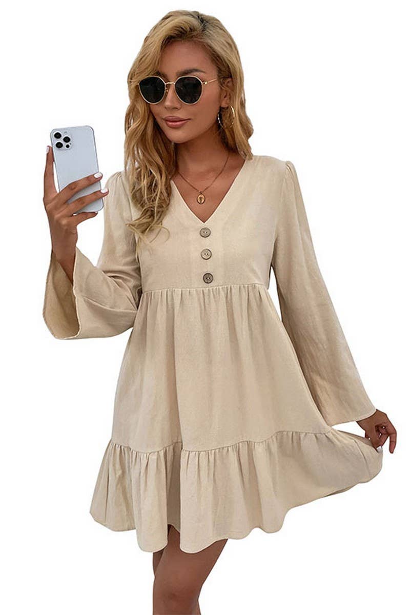 CWDSD2000_V-Neck Button Long Sleeve Pullover Dress