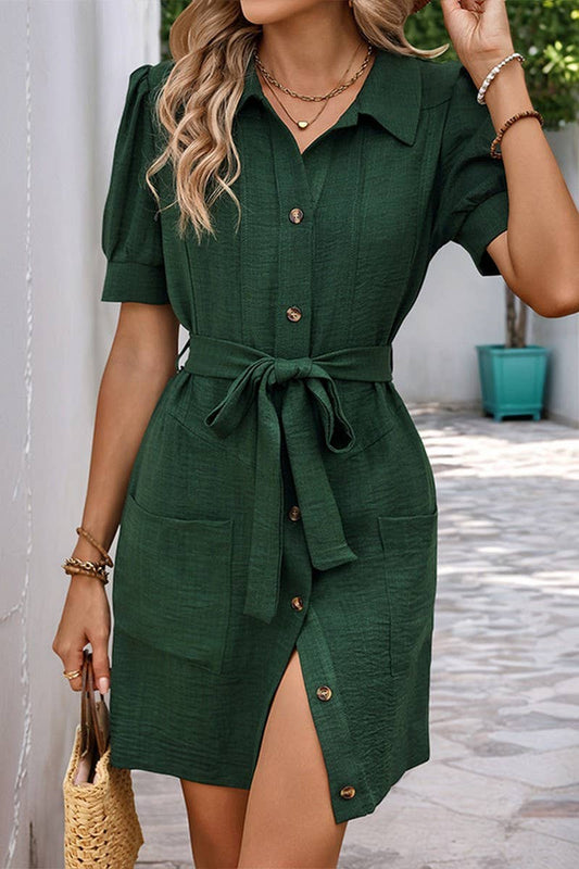 CWDSD6689_SOLID COLOR LAPEL SHORT-SLEEVED SHIRT DRESS