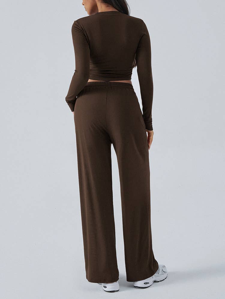 TEMPERAMENT ROUND NECK TOP WIDE LEG PANT SUIT