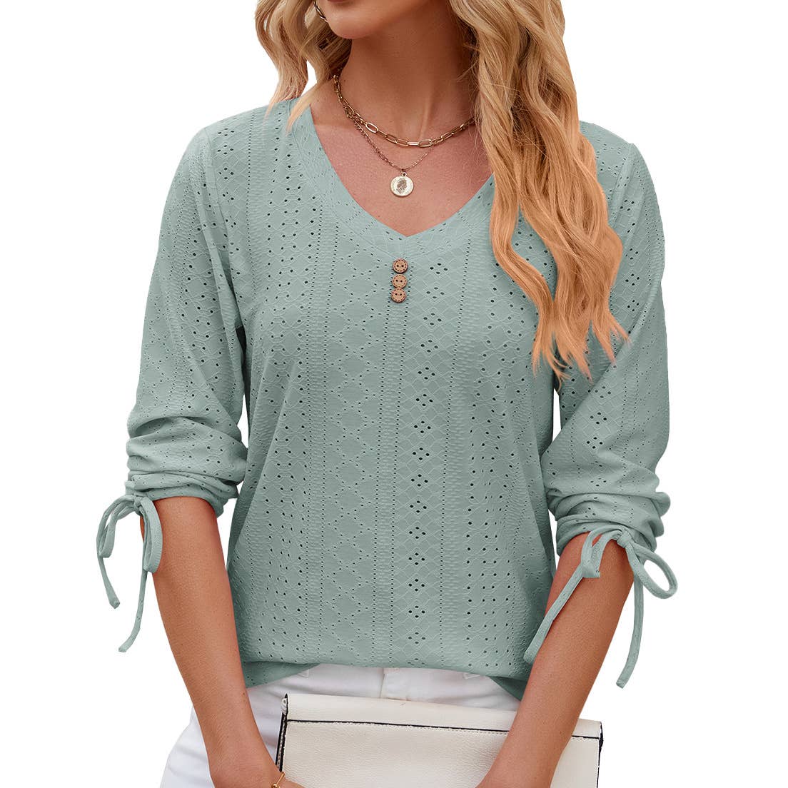 V-neck seven-point sleeved drawstring loose shirt