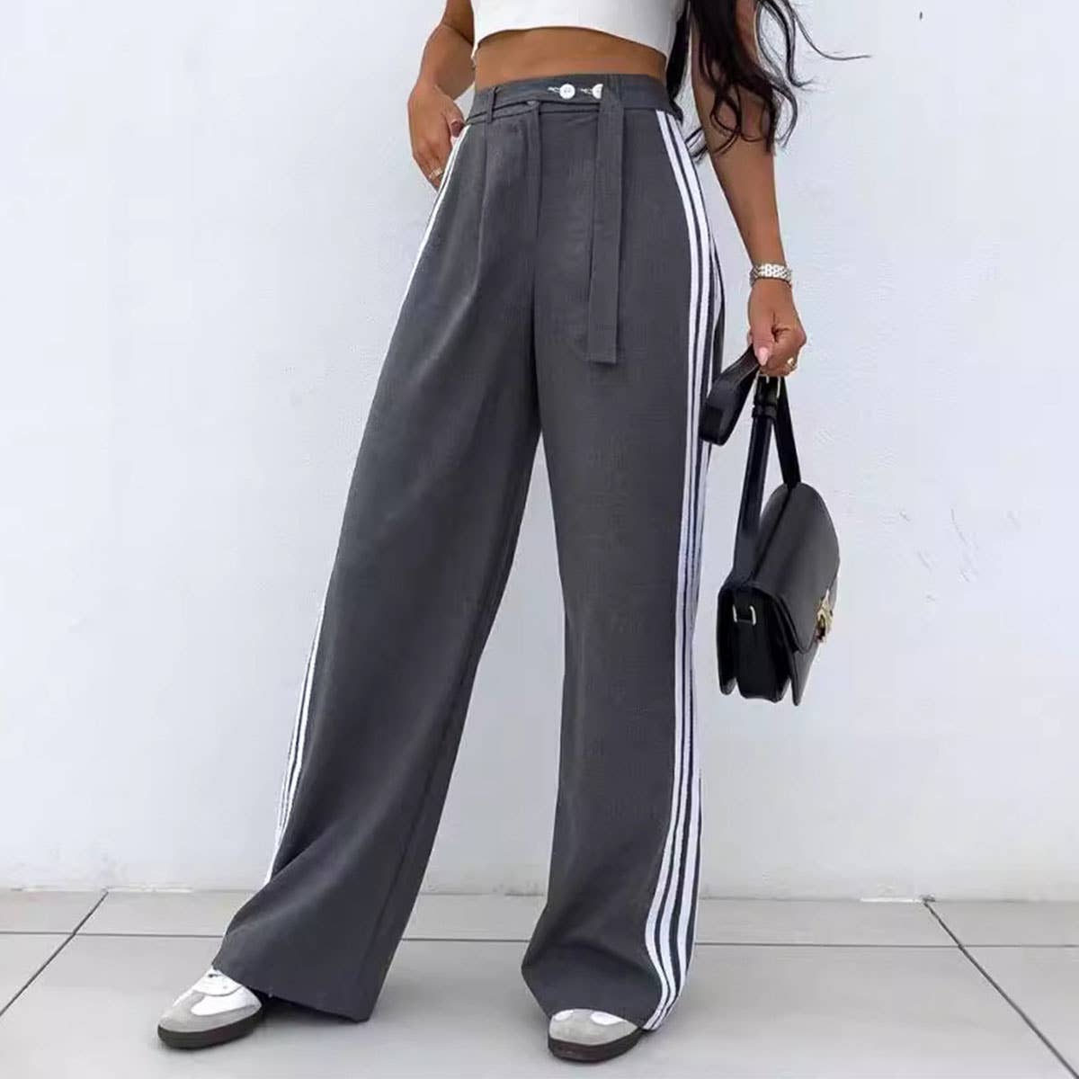 STRIPED PATCHWORK LACE-UP CASUAL SLACKS