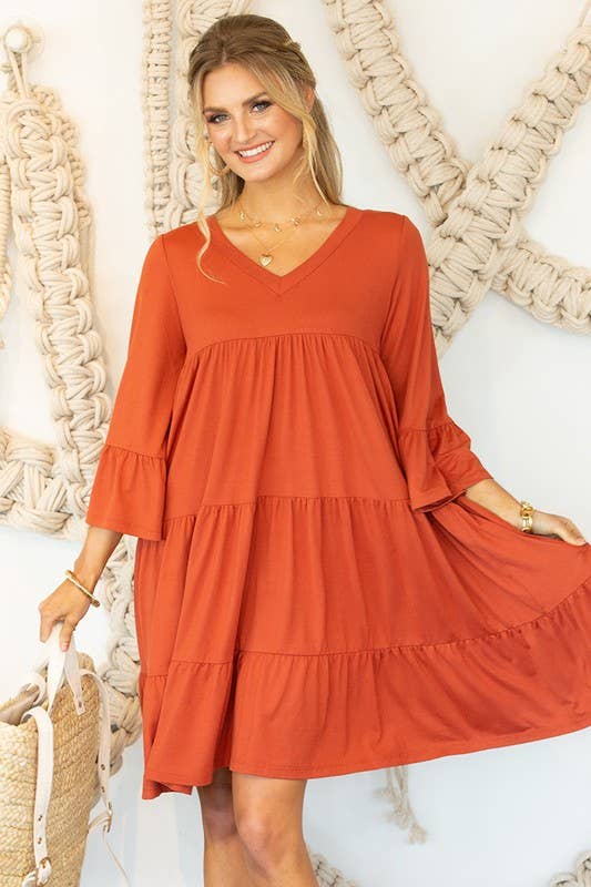 CWDSD10412_V NECK 3 TIERED RUFFLE DRESS WITH RUFFLE SLEEVE
