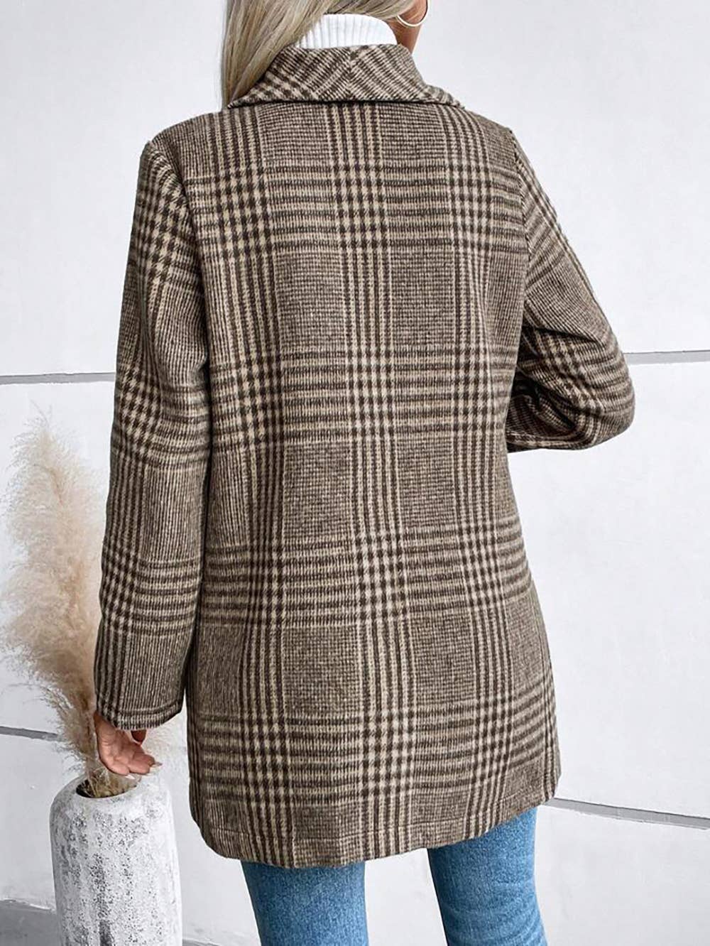 LAPEL WOOL PLAID COAT SLIM TEMPERAMENT COAT