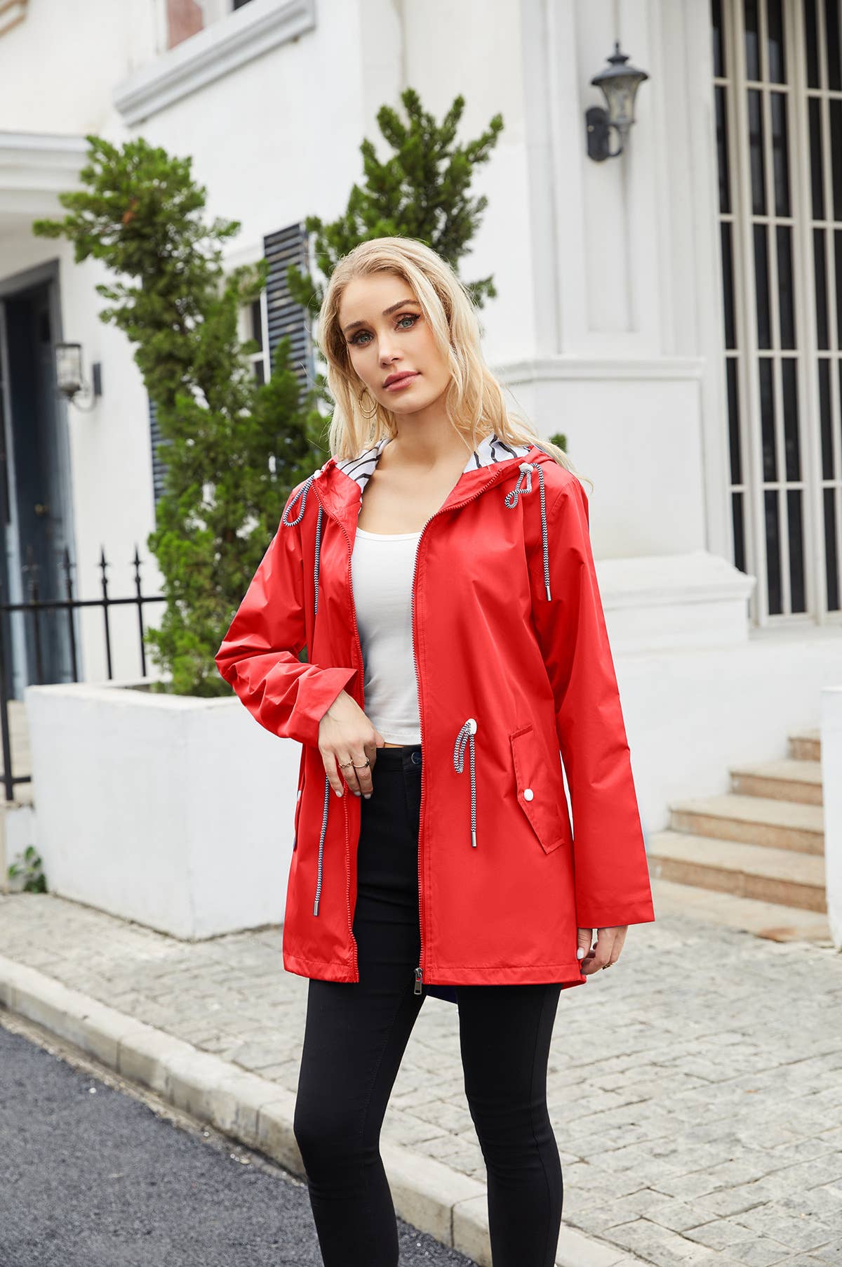 Waterproof hooded striped trench coat