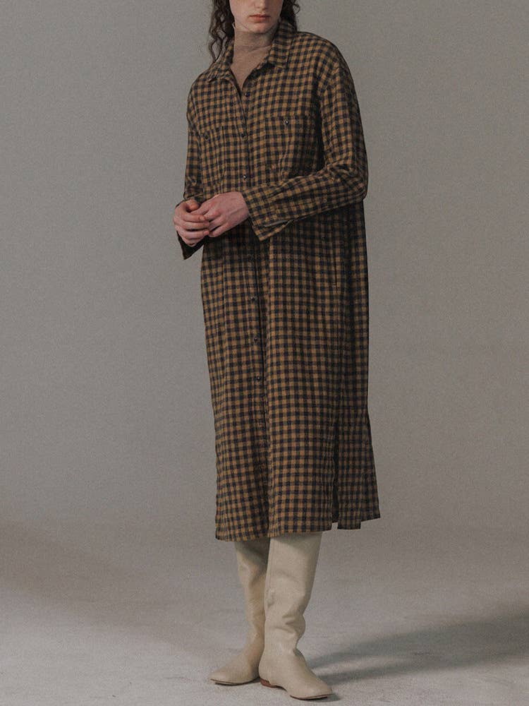Retro lapel long shirt dress