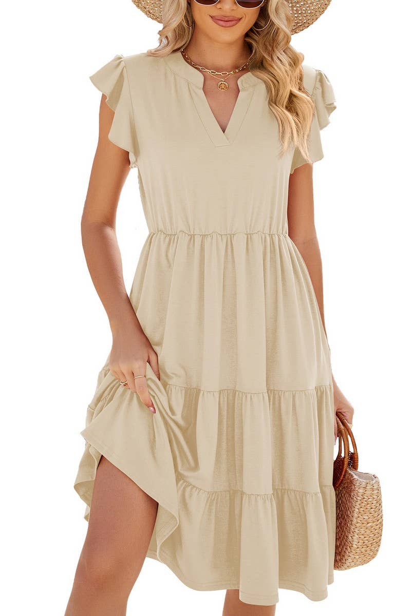 CWDMD2224_V-NECK RUFFLE SLEEVE SOLID COLOR CASUAL DRESS