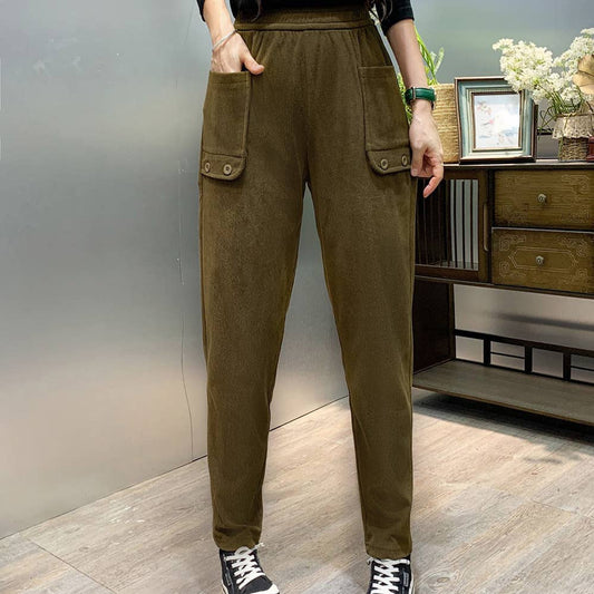 CORDUROY ELASTIC-WAISTED STRAIGHT TUBE PANTS