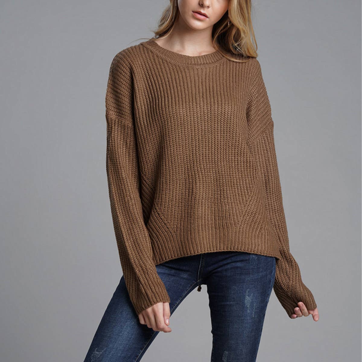 WOMEN'S LOOSE KNIT SWEATER CREW NECK KNIT SWEATER