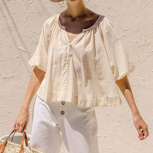 French Cotton Linen T-Shirt Lantern Sleeve Smock