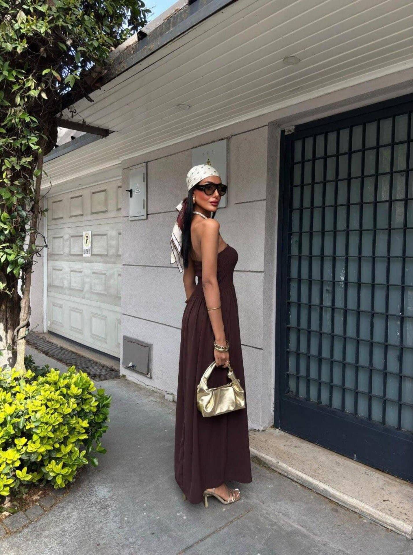 Solid-color strapless waist-cinching long dress