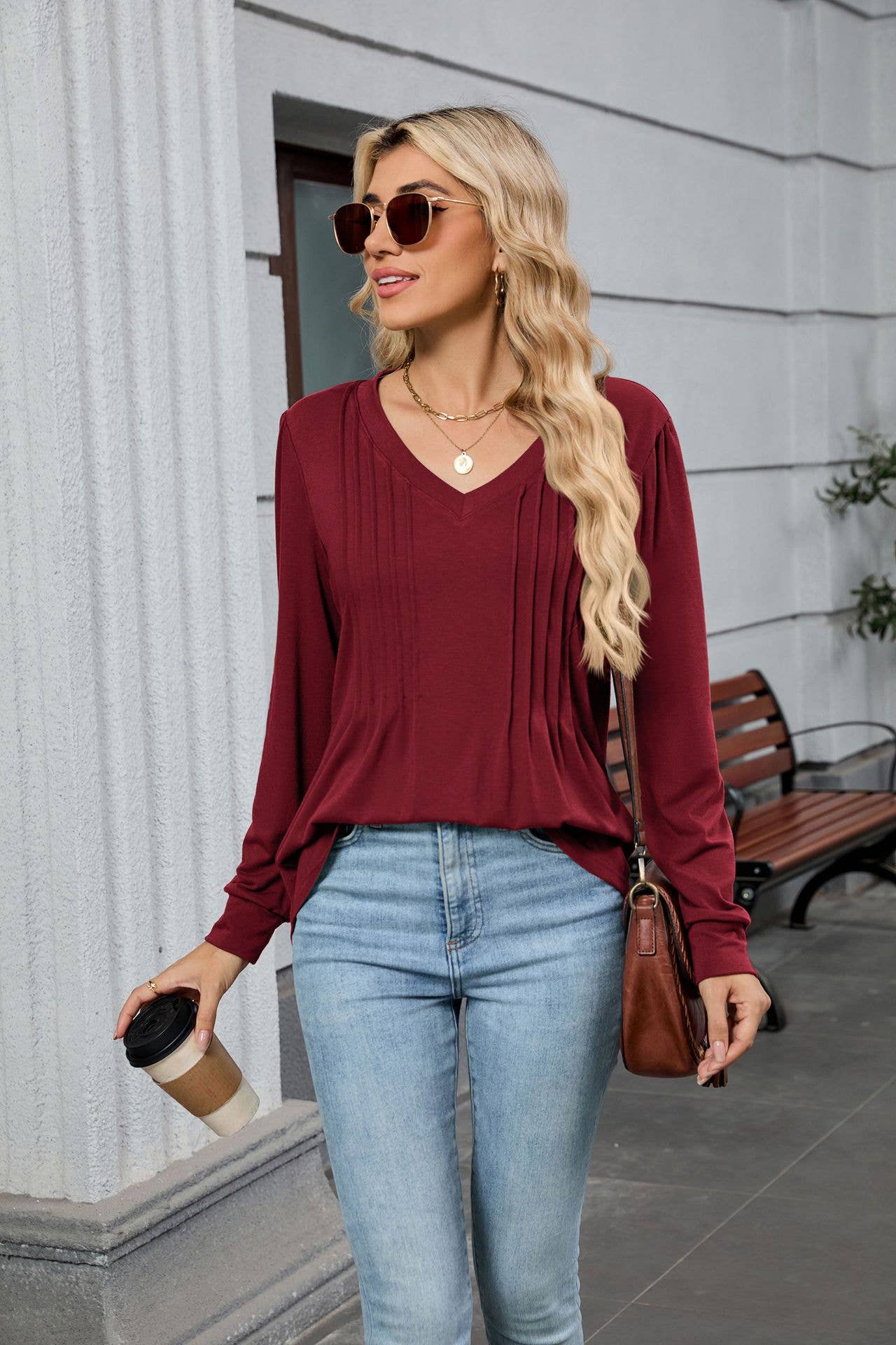 Solid-color V-neck striped long-sleeved T-shirt_CWTBLL00924