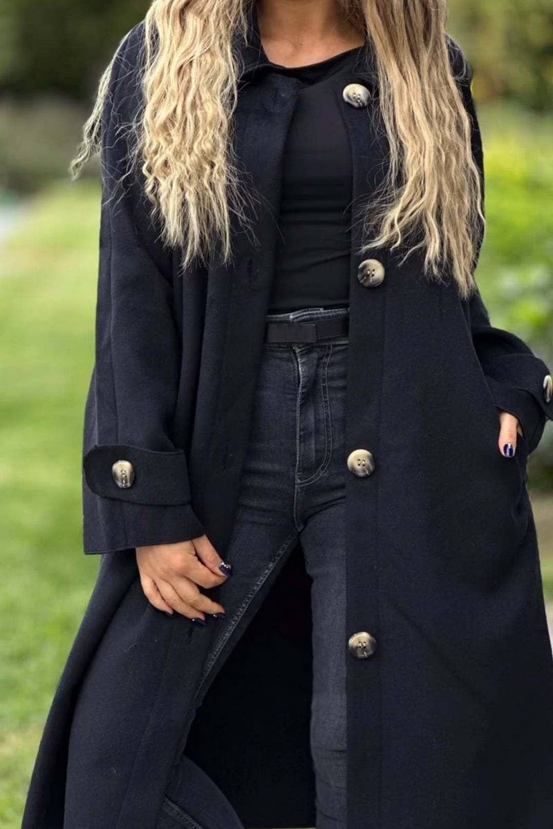 CWOCO1086_CASUAL BUTTON LONG SOLID COLOR WOOLEN COAT