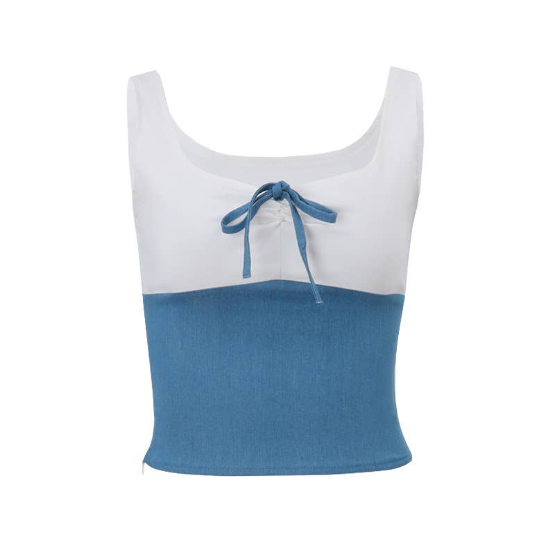 U-neck low-cut color-blocked short halter top