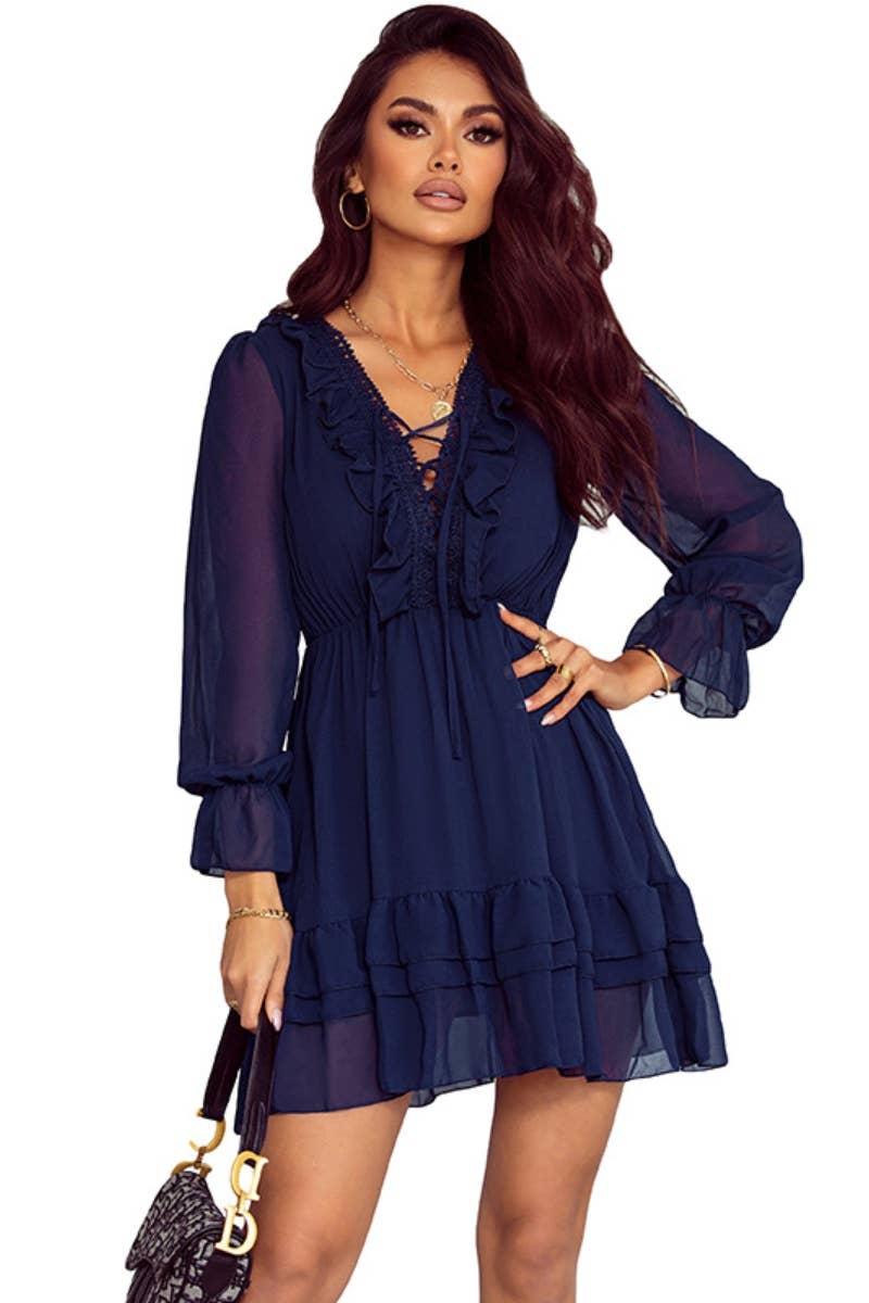 CWDSD6588_FALL MESH V-NECK RUFFLED LONG-SLEEVED DRESS