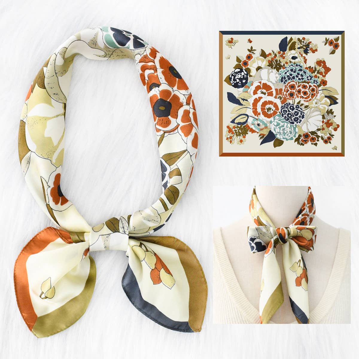 Elegant Floral Satin Scarf for Work & Sun Protecti