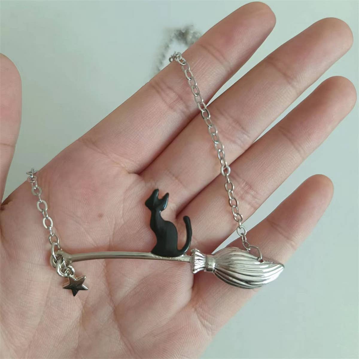 HALLOWEEN MAGIC BROOM BLACK CAT NECKLACE