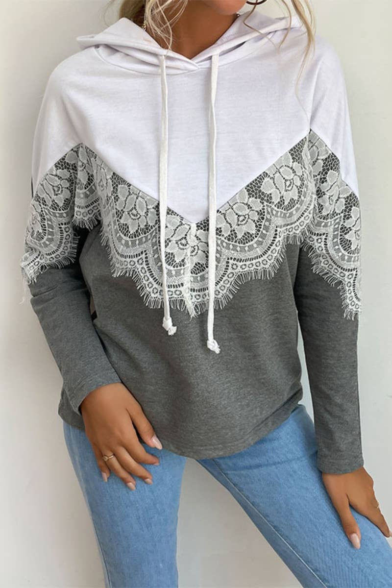 CWOHOL1017_PULLOVER LACE PATCHWORK LONG-SLEEVED HOODIE