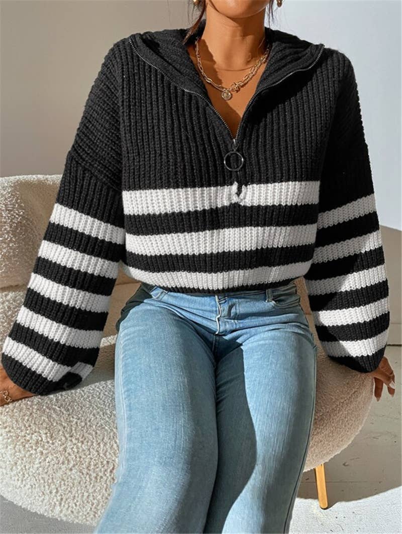 Striped color-blocking stand-up knitted sweater