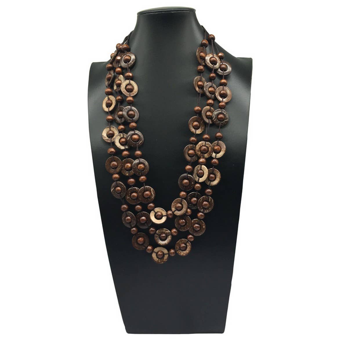 HAND WOVEN COCONUT SHELL WOOD ROUND BEAD NECKLACE