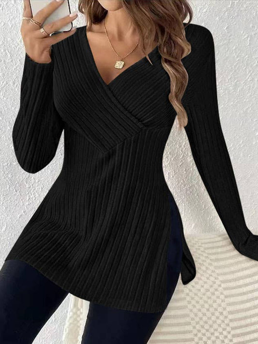 LONG SLEEVE V-NECK CASUAL HOME PIT STRIP TOP