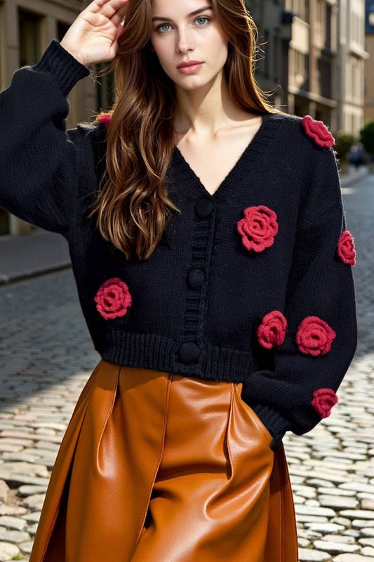 CWOCAL2357_3D FLORAL KNIT V-NECK BUTTON CARDIGAN