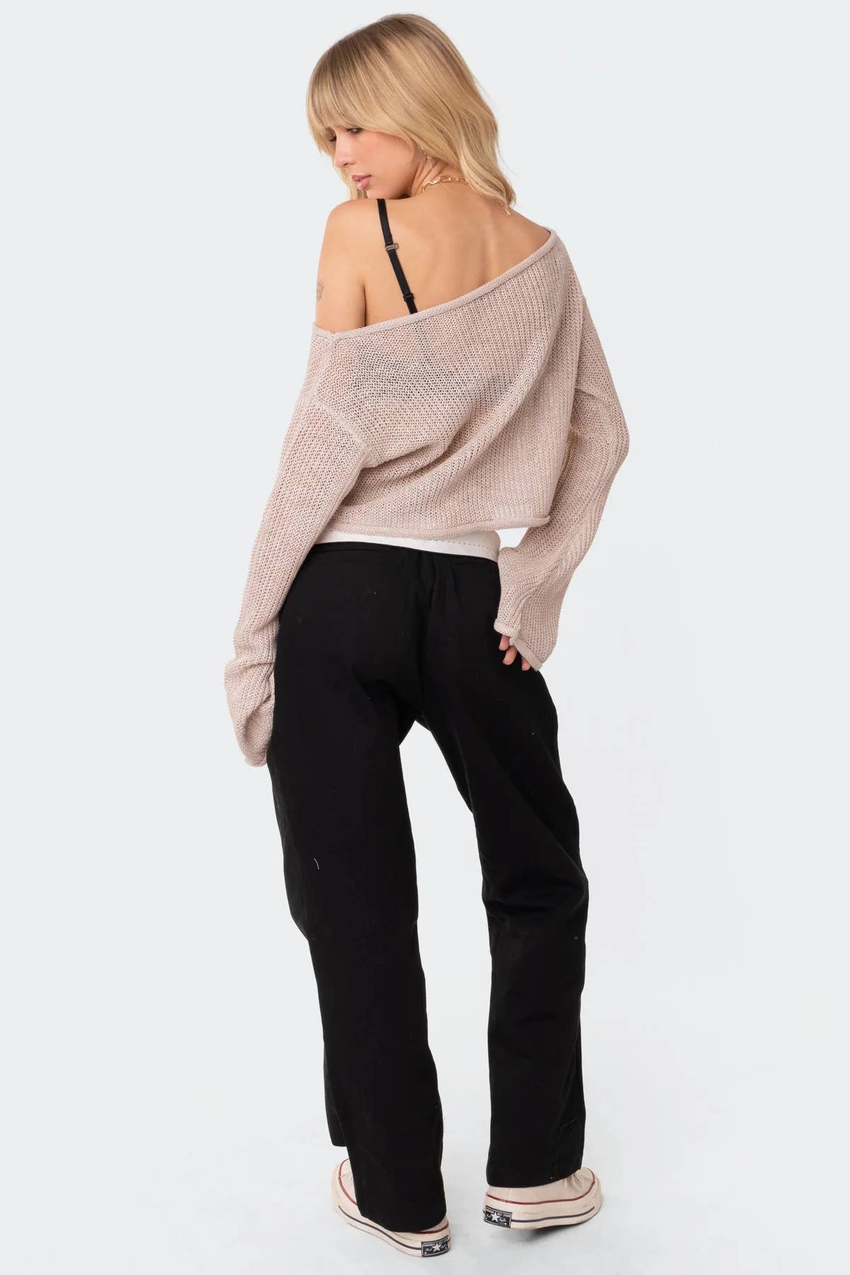 See-through flared sleeve pullover knitted smock