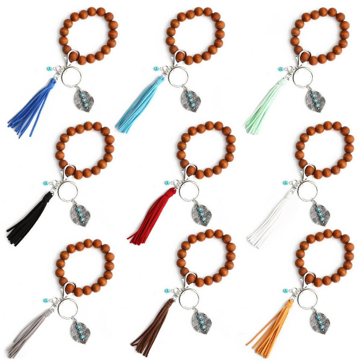 Boho Tassel Keychain with Leaf Charm and Wood Beads_CWAB5087