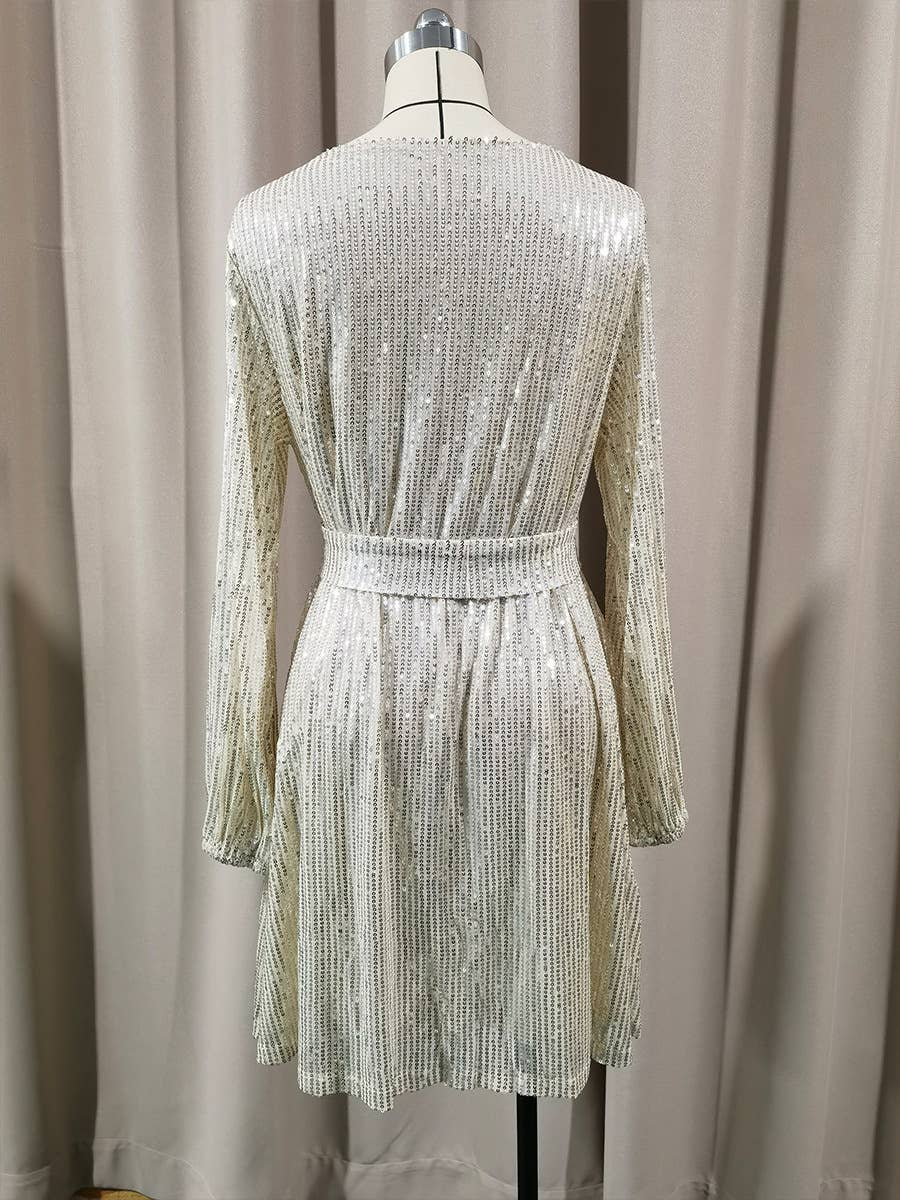 Sequined and beaded short waist-cinching dress