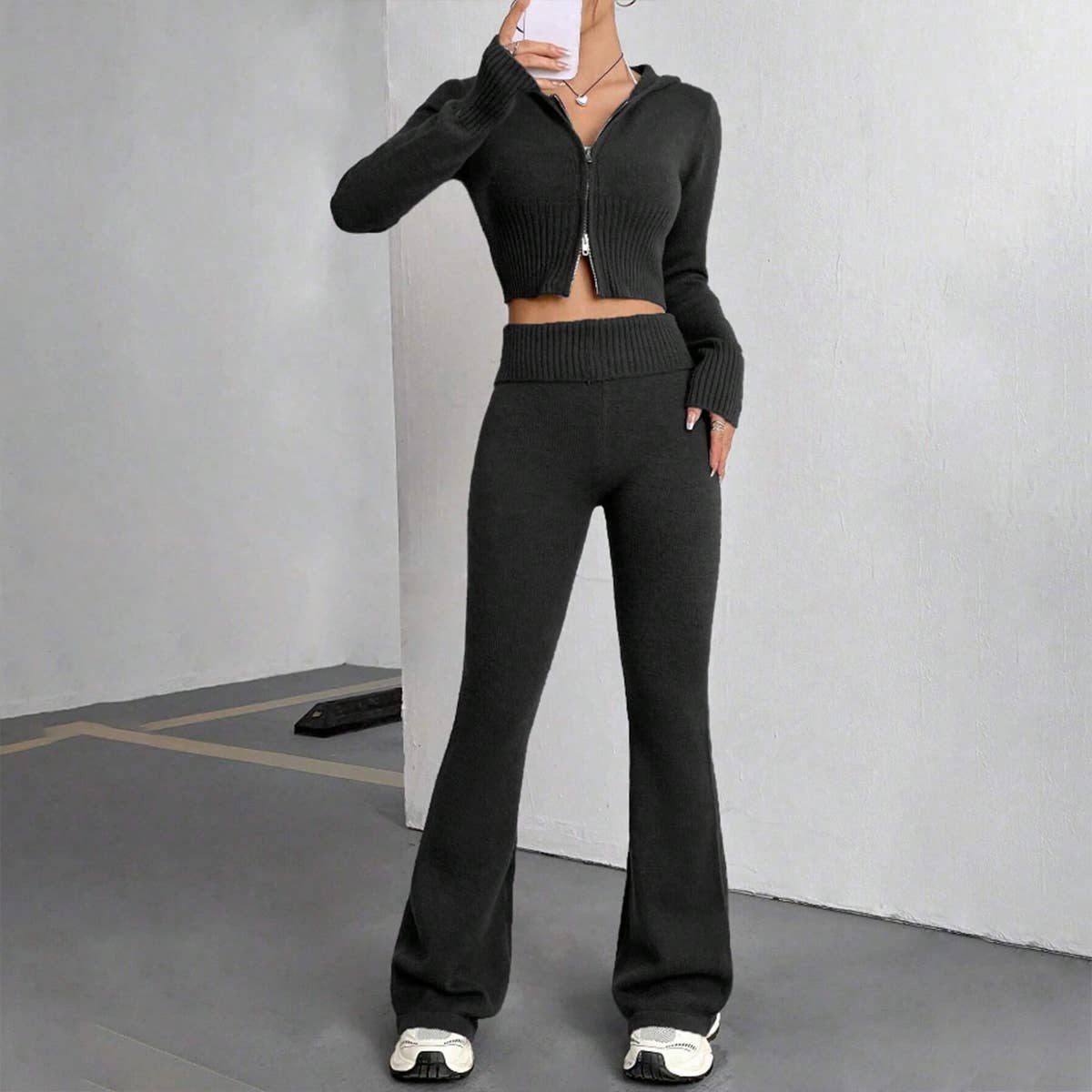 Zipper hooded top,low-waisted flared pants set