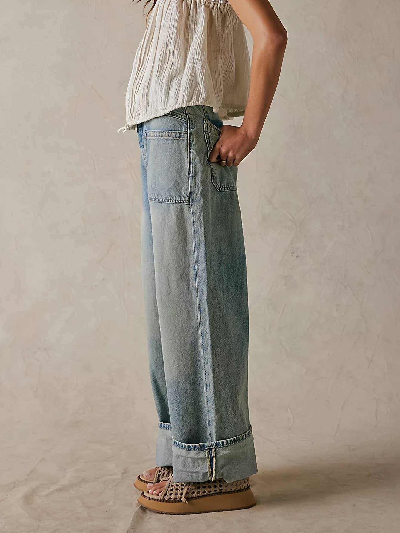 Non-elastic washed straight-leg workwear jeans