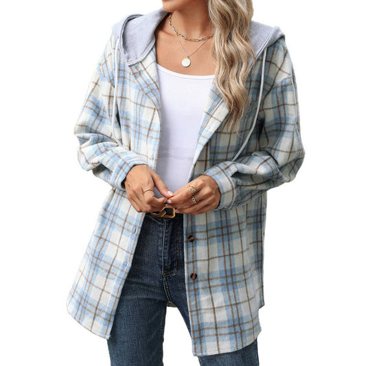 Plaid Color Matching Hooded Loose Jacket