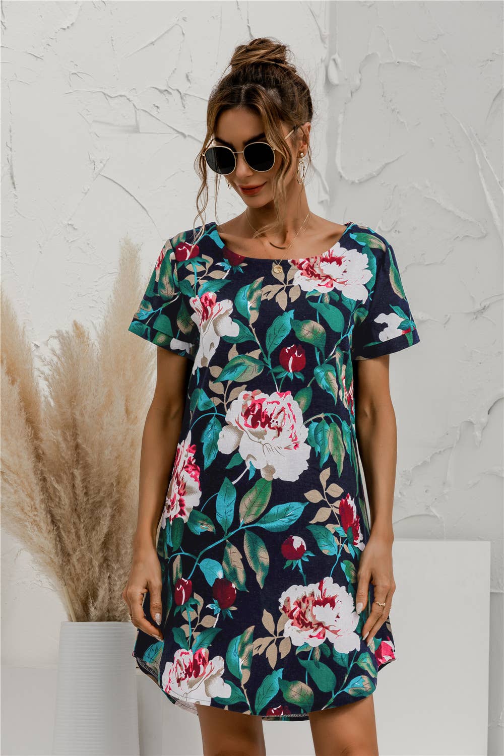 SHORT SLEEVE COTTON AND LINEN FLORAL PRINT DRESS