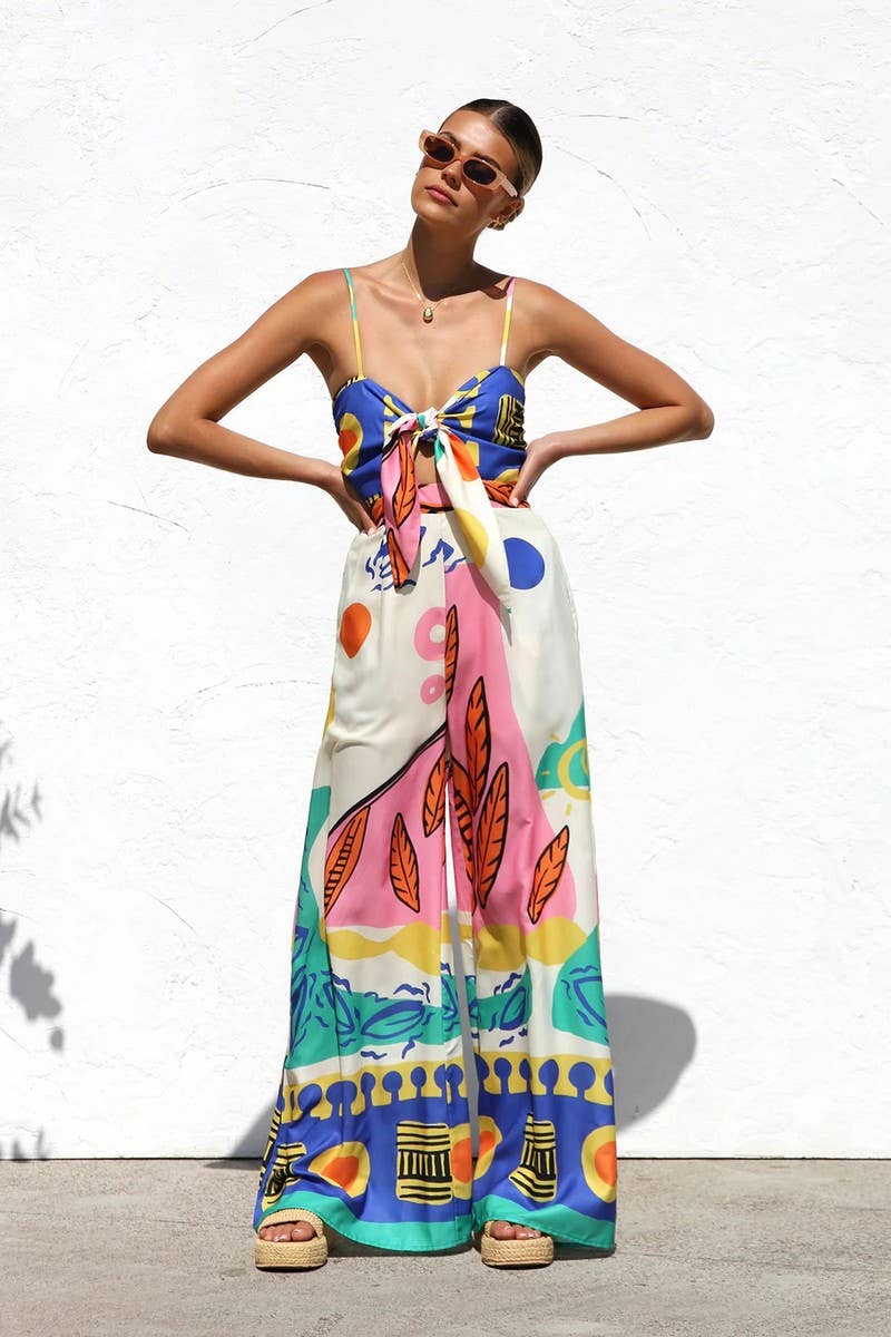 CWDHL0992_SPRING AND SUMMER WAIST KNOTTED WIDE-LEG JUMPSUIT