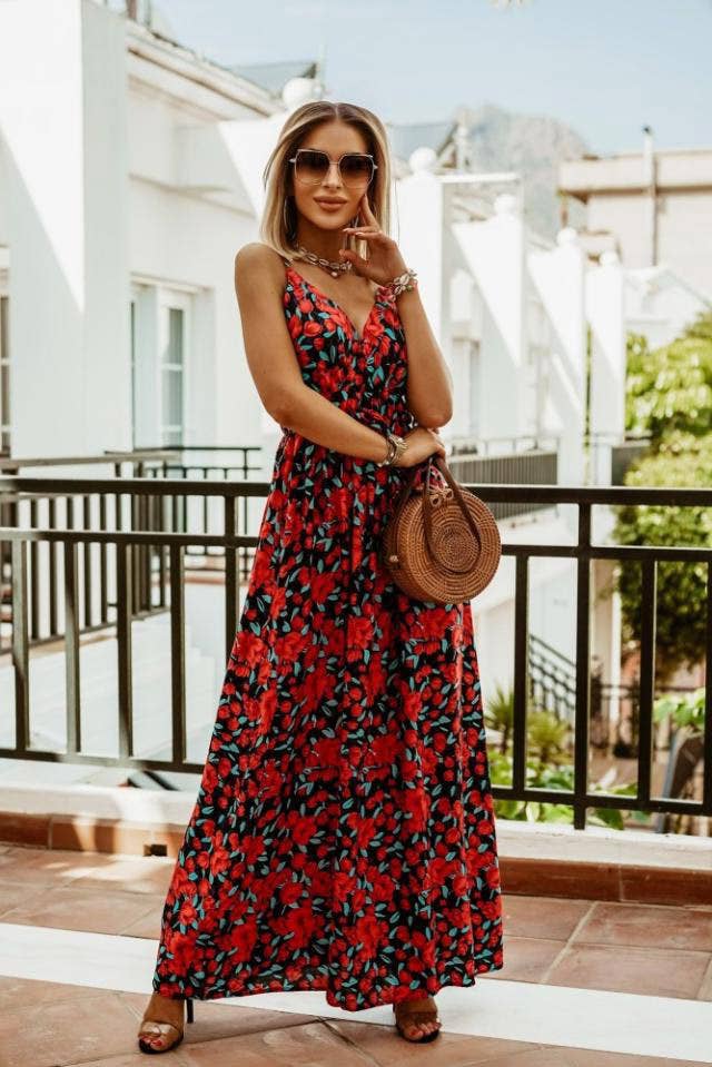 V-neck sleeveless halter print boho long dress