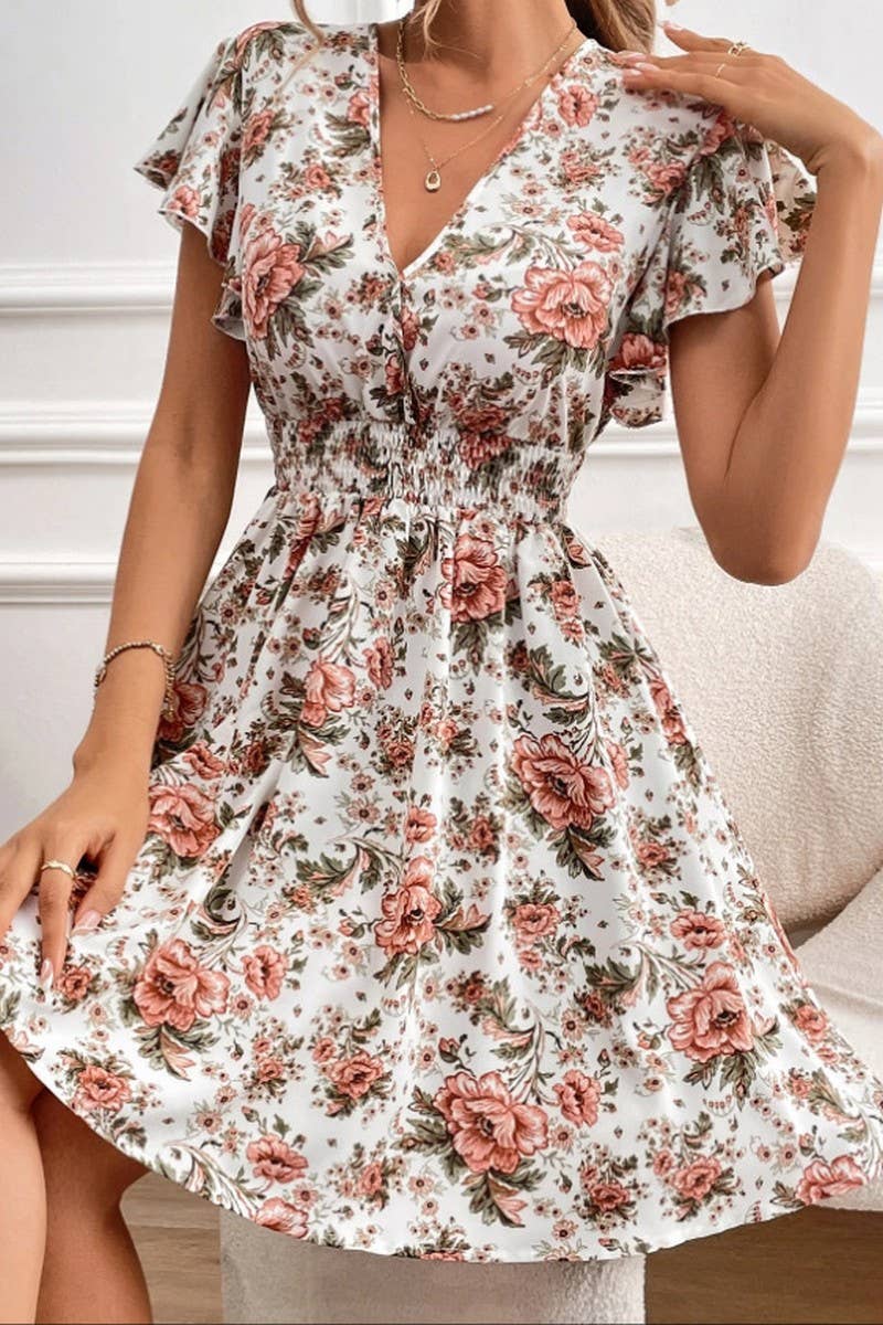 CWDSD8784_SUMMER LACE SLEEVE WAIST FLORAL DRESS