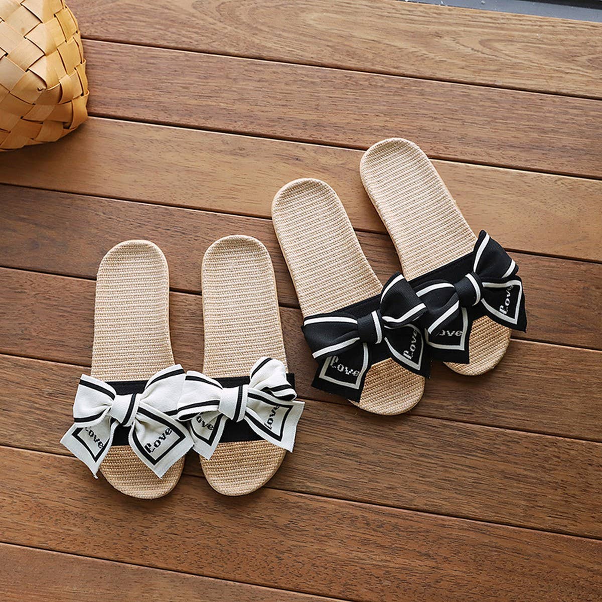 Linen Bow Slippers with Soft Anti-Slip Sole