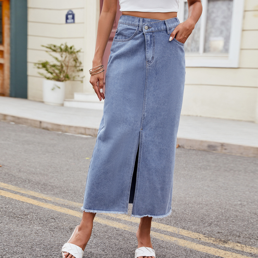 Women??¢s Washed Denim Maxi Skirt Asymmetrical_CWJSK0205