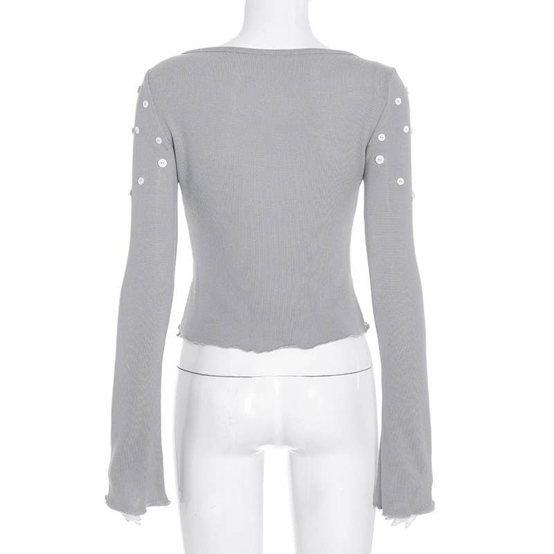 Solid-color round-neck button-decorated T-shirt