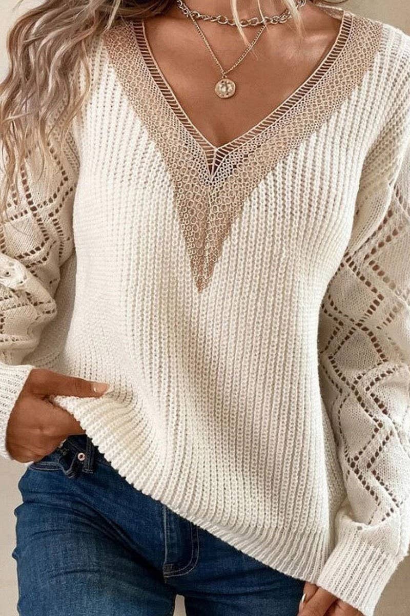 CWOSWL07367_V NECK LACE TRIM LOOSE PULLOVER KNIT SWEATER