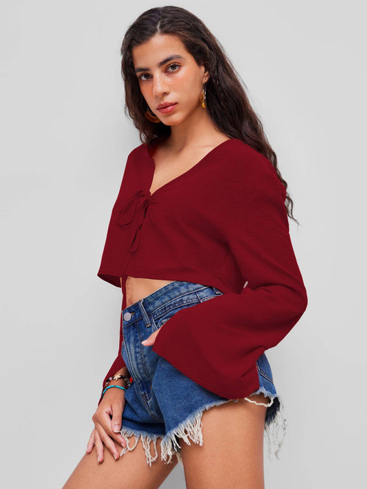 SEXY V-NECK T-SHIRT LACE-UP SMALL CARDIGAN