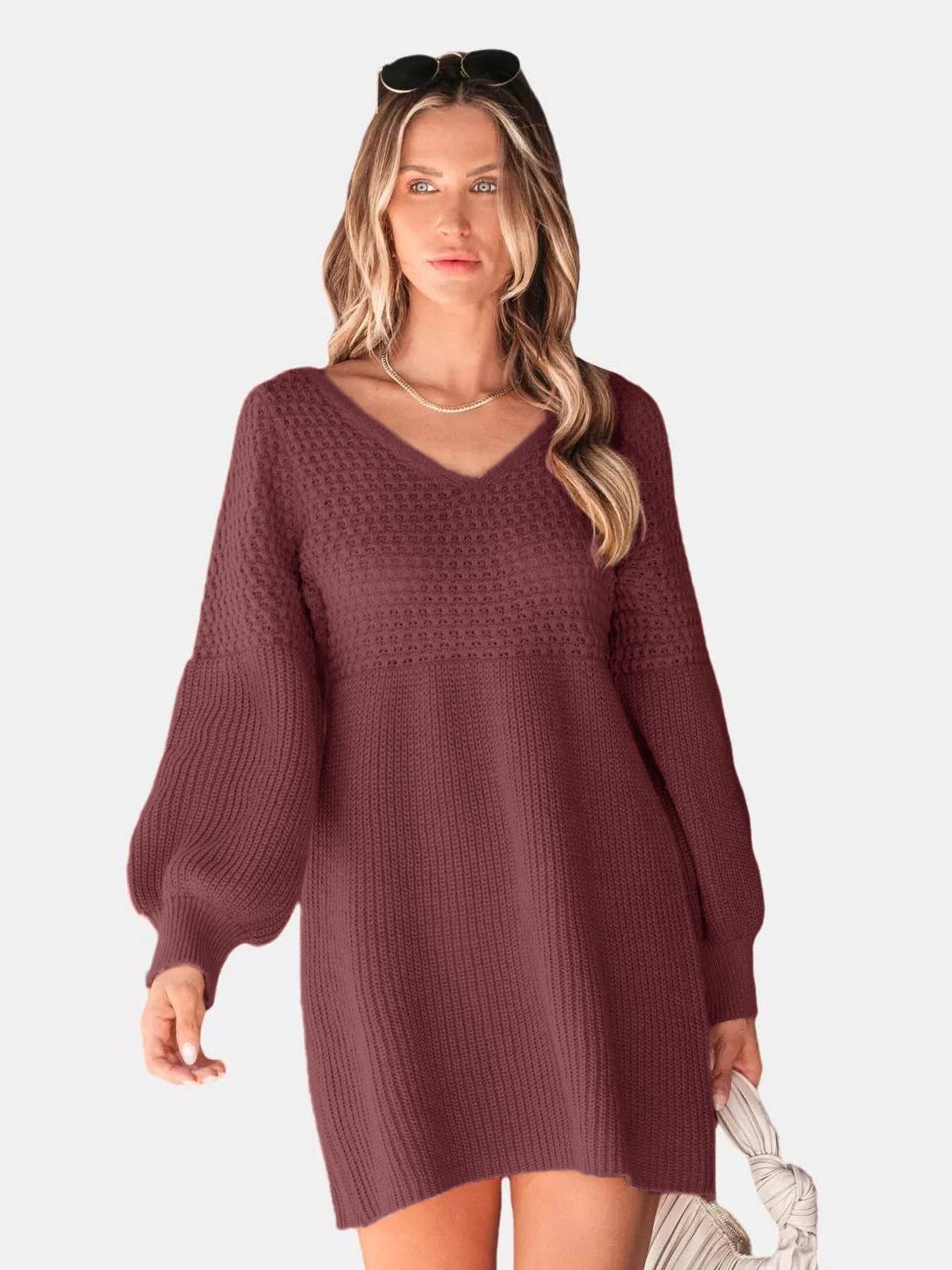 V-NECK SWEATER DRESS WITH LANTERN SLEEVES
