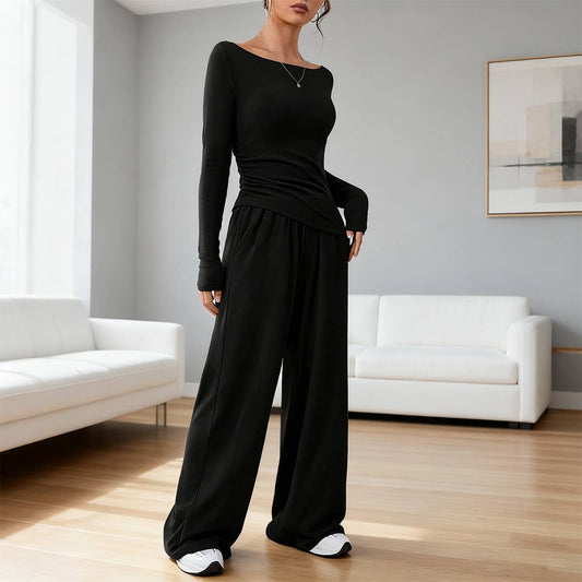 Solid-color long-sleeved wide-leg long pants set