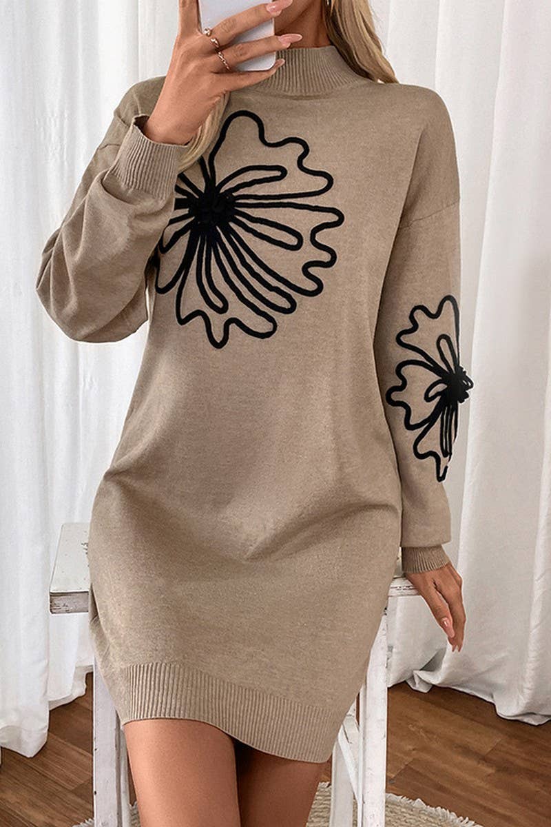 CWDSD7266_AUTUMN AND WINTER MID COLLAR FLORAL SWEATER DRESS