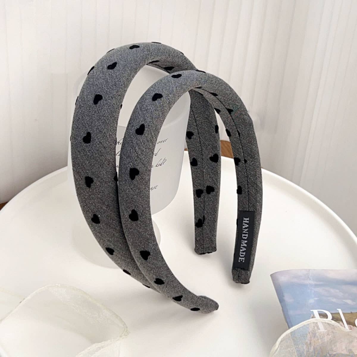 French bow denim style pleated fabric hair band