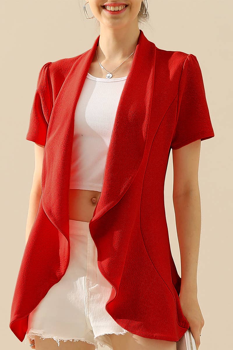 CWOBL095-P_Short Sleeve Open Front Draped Ruffles Blouses