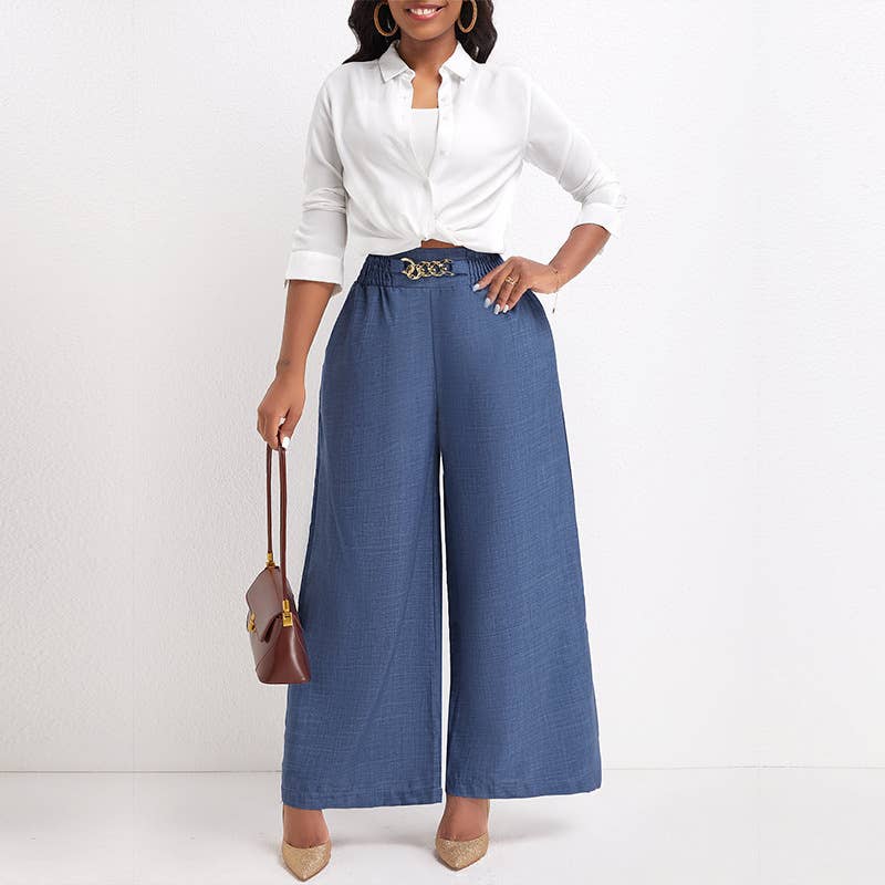 High-waisted imitation denim casual wide-leg pants